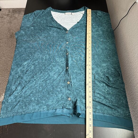 LOGO Lori Goldstein Cardigan 2X Plus Art to Wear Button Blue V Neck Acid Wash - Picture 8 of 9